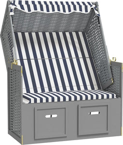 vidaXL - Strandstoel - met - luifel - poly - rattan - en - massief - hout - blauw - en - wit