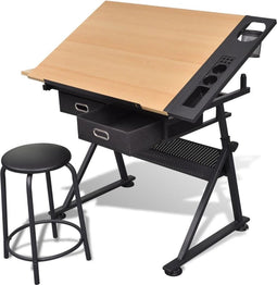 vidaXL - Tekentafel - met - 2 - lades - en - kruk