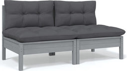 vidaXL - Tuinbank - 2-zits - met - kussens - massief - grenenhout - grijs