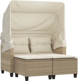 vidaXL - Tuinbank - 2-zits - met - luifel - en - voetenbanken - poly - rattan - beige