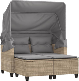 vidaXL - Tuinbank - 2-zits - met - luifel - en - voetenbanken - poly - rattan - beige