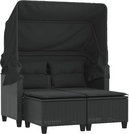 vidaXL - Tuinbank - 2-zits - met - luifel - en - voetenbanken - poly - rattan - zwart