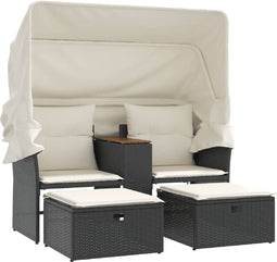 vidaXL - Tuinbank - 2-zits - met - luifel - en - voetenbanken - poly - rattan - zwart
