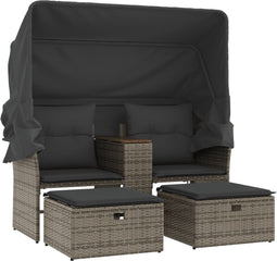 vidaXL - Tuinbank - 2-zits - met - luifel - en - voetenbanken - poly - rattan - grijs