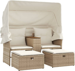 vidaXL - Tuinbank - 2-zits - met - luifel - en - voetenbanken - poly - rattan - beige