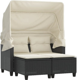 vidaXL - Tuinbank - 2-zits - met - luifel - en - voetenbanken - poly - rattan - zwart