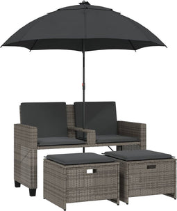 vidaXL - Tuinbank - 2-zits - met - parasol - en - voetenbanken - poly - rattan - grijs