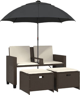 vidaXL - Tuinbank - 2-zits - met - parasol - en - voetenbanken - poly - rattan - bruin
