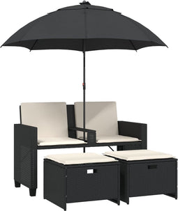 vidaXL - Tuinbank - 2-zits - met - parasol - en - voetenbanken - poly - rattan - zwart