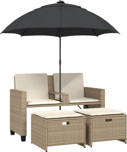 vidaXL - Tuinbank - 2-zits - met - parasol - en - voetenbanken - poly - rattan - beige