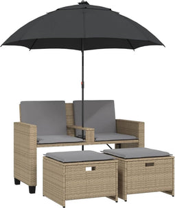 vidaXL - Tuinbank - 2-zits - met - parasol - en - voetenbanken - poly - rattan - beige