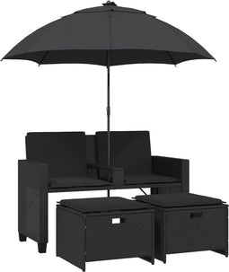 vidaXL - Tuinbank - 2-zits - met - parasol - en - voetenbanken - poly - rattan - zwart
