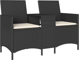 vidaXL - Tuinbank - 2-zits - met - tafel - en - kussens - poly - rattan - zwart