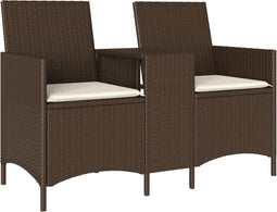 vidaXL - Tuinbank - 2-zits - met - tafel - en - kussens - poly - rattan - bruin