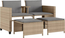 vidaXL - Tuinbank - 2-zits - met - tafel - en - voetenbanken - poly - rattan - beige