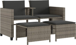 vidaXL - Tuinbank - 2-zits - met - tafel - en - voetenbanken - poly - rattan - grijs