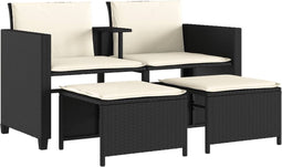 vidaXL - Tuinbank - 2-zits - met - tafel - en - voetenbanken - poly - rattan - zwart
