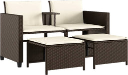 vidaXL - Tuinbank - 2-zits - met - tafel - en - voetenbanken - poly - rattan - bruin