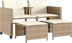 vidaXL - Tuinbank - 2-zits - met - tafel - en - voetenbanken - poly - rattan - beige