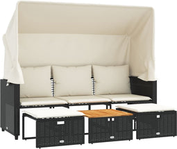 vidaXL - Tuinbank - 3-zits - met - luifel - en - voetenbanken - poly - rattan - zwart