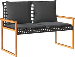 vidaXL - Tuinbank - met - kussen - poly - rattan - en - acaciahout - zwart