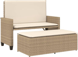 vidaXL - Tuinbank - met - kussens - en - voetenbank - poly - rattan - beige