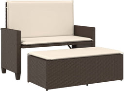 vidaXL - Tuinbank - met - kussens - en - voetenbank - poly - rattan - bruin