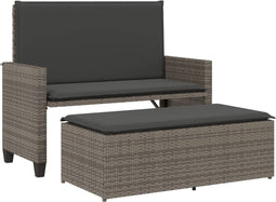 vidaXL - Tuinbank - met - kussens - en - voetenbank - poly - rattan - grijs