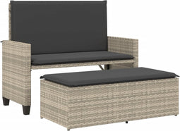 vidaXL - Tuinbank - met - kussens - en - voetenbank - poly - rattan - lichtgrijs