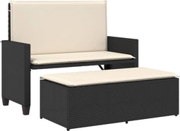 vidaXL - Tuinbank - met - kussens - en - voetenbank - poly - rattan - zwart