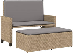 vidaXL - Tuinbank - met - kussens - en - voetenbank - poly - rattan - beige