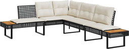 vidaXL - Tuinbank - met - kussens - L-vormig - poly - rattan - en - acaciahout - zwart