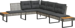 vidaXL - Tuinbank - met - kussens - L-vormig - poly - rattan - en - acaciahout - grijs