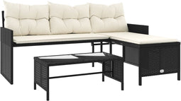 vidaXL - Tuinbank - met - tafel - en - kussens - L-vormig - poly - rattan - zwart