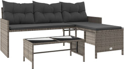 vidaXL - Tuinbank - met - tafel - en - kussens - L-vormig - poly - rattan - grijs