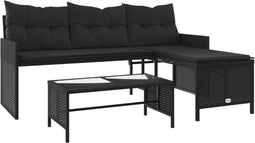 vidaXL - Tuinbank - met - tafel - en - kussens - L-vormig - poly - rattan - zwart