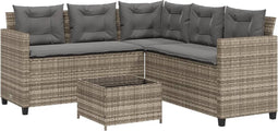 vidaXL - Tuinbank - met - tafel - en - kussens - L-vormig - poly - rattan - grijs
