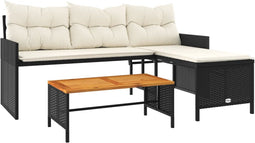 vidaXL - Tuinbank - met - tafel - en - kussens - L-vormig - poly - rattan - zwart