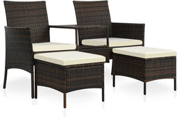 vidaXL - Tuinbank - met - tafeltje - en - krukken - tweezits - poly - rattan - bruin