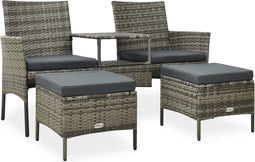 vidaXL - Tuinbank - met - tafeltje - en - krukken - tweezits - poly - rattan - grijs