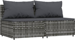 vidaXL - Tuinmiddenbank - met - kussens - 2 - st - poly - rattan - grijs