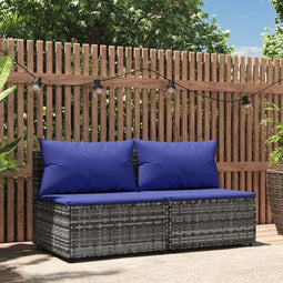 vidaXL - Tuinmiddenbank - met - kussens - 2 - st - poly - rattan - grijs