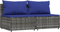 vidaXL - Tuinmiddenbank - met - kussens - 2 - st - poly - rattan - grijs
