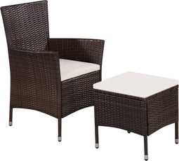 vidaXL - Tuinstoel - en - kruk - met - kussens - poly - rattan - bruin