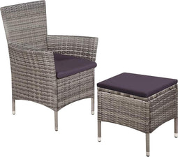 vidaXL - Tuinstoel - en - kruk - met - kussens - poly - rattan - grijs