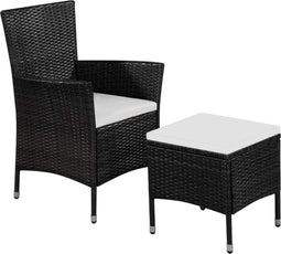 vidaXL - Tuinstoel - en - kruk - met - kussens - poly - rattan - zwart