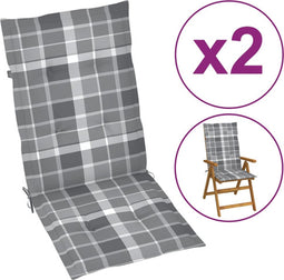 vidaXL - Tuinstoelkussens - 2 - st - hoge - rug - ruitpatroon - 120x50x3 - cm - grijs