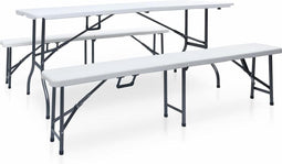 vidaXL - Tuintafel - met - 2 - bankjes - inklapbaar - 180 - cm - staal - en - HDPE - wit