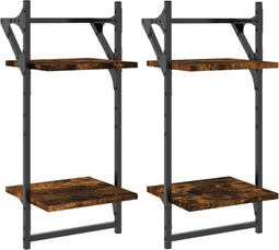 vidaXL - Wandschappen - 2-laags - met - stangen - 2 - st - 30x25x65 - cm - gerookt - eiken