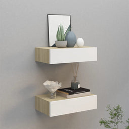 vidaXL - Wandschappen - 2 - st - met - lade - 40x23,5x10 - cm - MDF - eikenkleur - en - wit